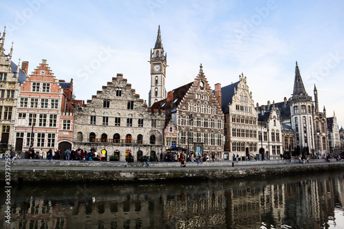 View of a Ghent, a city of Belgium, with historical buildings and a river