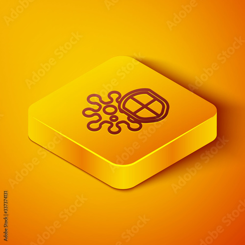 Isometric line Shield protecting from virus, germs and bacteria icon isolated on orange background. Immune system concept. Corona virus 2019-nCoV. Yellow square button. Vector Illustration