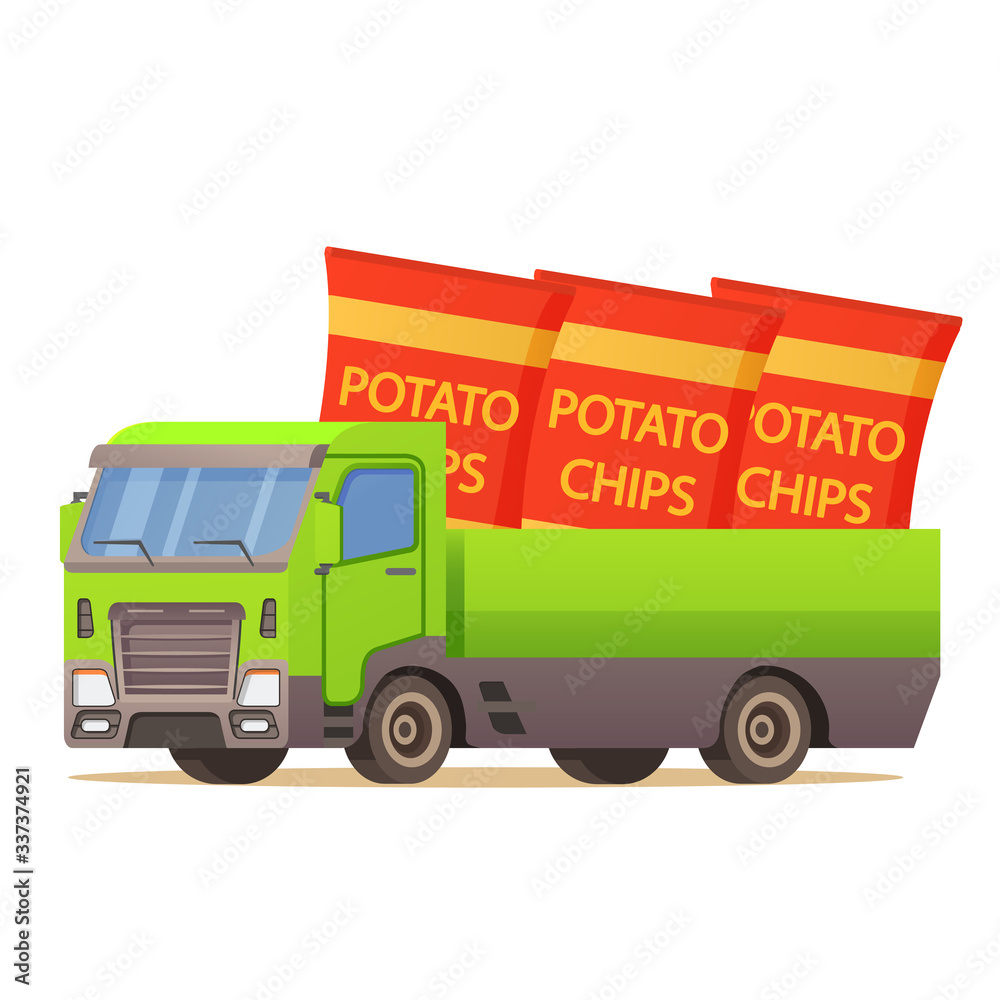 Food delivery truck potato chip packaging.Car illustration vector.
