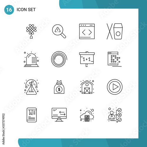 Modern Set of 16 Outlines Pictograph of fitness, ambulance, content, food, box photo