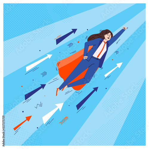 Super hero business woman flying on air with growth arrows