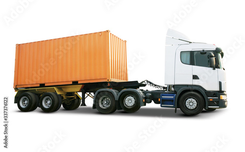 White heavy truck with cargo container