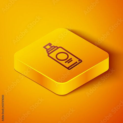 Isometric line Spray can for hairspray, deodorant, antiperspirant icon isolated on orange background. Yellow square button. Vector Illustration