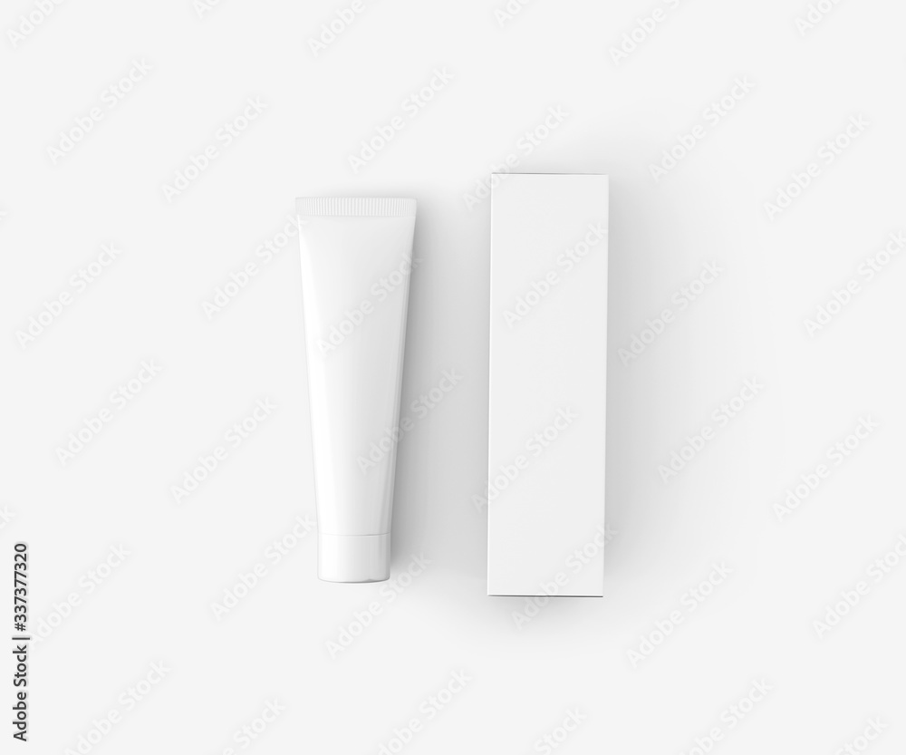 White Toothpaste Tube with Box, Blank Container 3D Rendering isolated on light background White Toothpaste Tube with Box, Blank Container 3D Rendering isolated on light background
