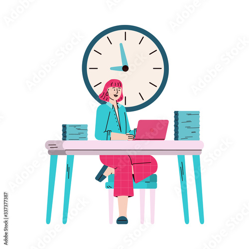 Business woman in office with wall clock, sketch vector illustration isolated.