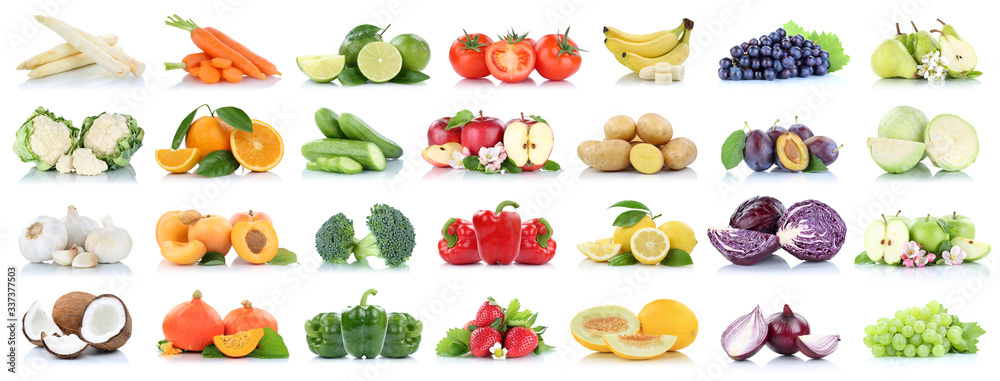 Fruits vegetables collection isolated apple apples oranges garlic tomatoes banana colors fresh fruit - obrazy, fototapety, plakaty 