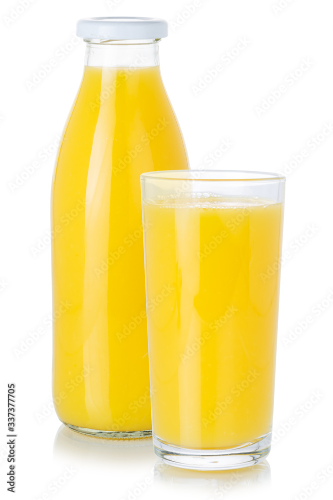 Orange juice drink glass and bottle healthy eating diet isolated on white Orange juice drink glass and bottle healthy eating diet isolated on white