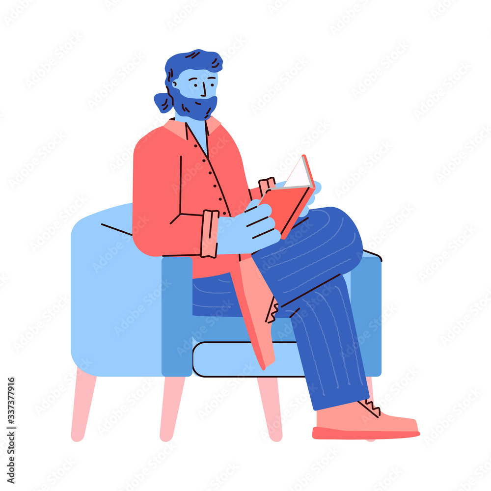 Reading bearded man sitting in chair with book, vector illustration isolated. Reading bearded man sitting in chair with book, vector illustration isolated.