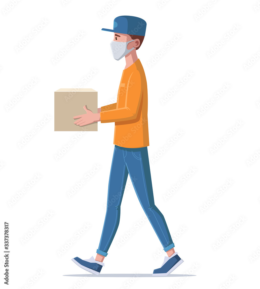 A deliveryman in medical mask is carrying a box of goods. Vector illustration. A deliveryman in medical mask is carrying a box of goods. Vector illustration.