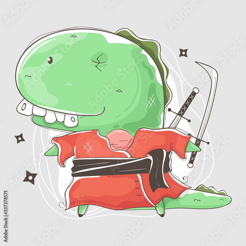 Illustration of dino holding sword and wearing ninja clothes perfect for shirts