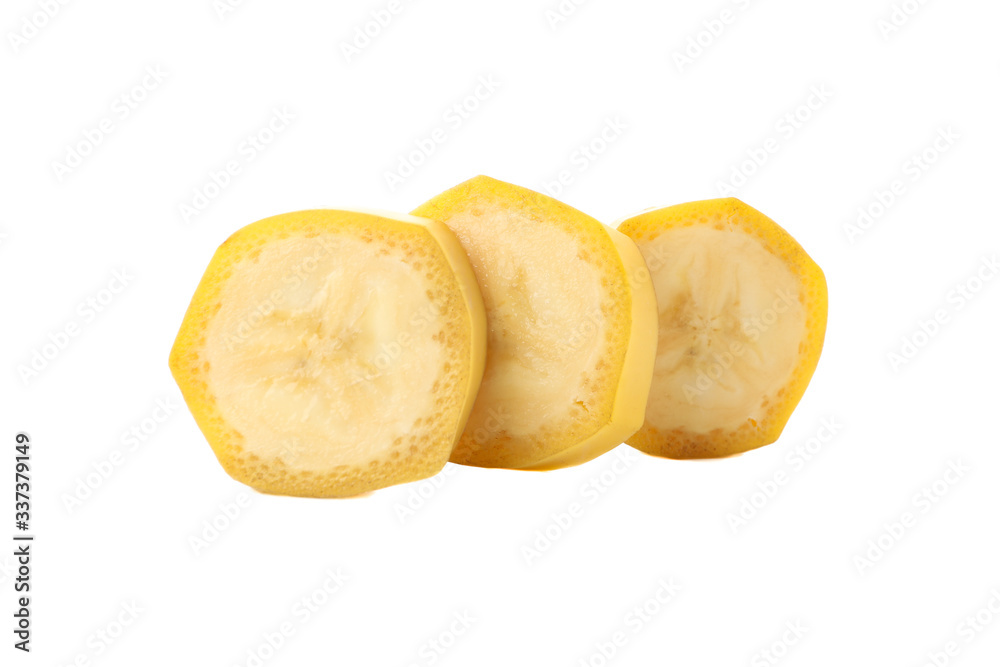 Banana slices isolated on white background. Fresh fruit