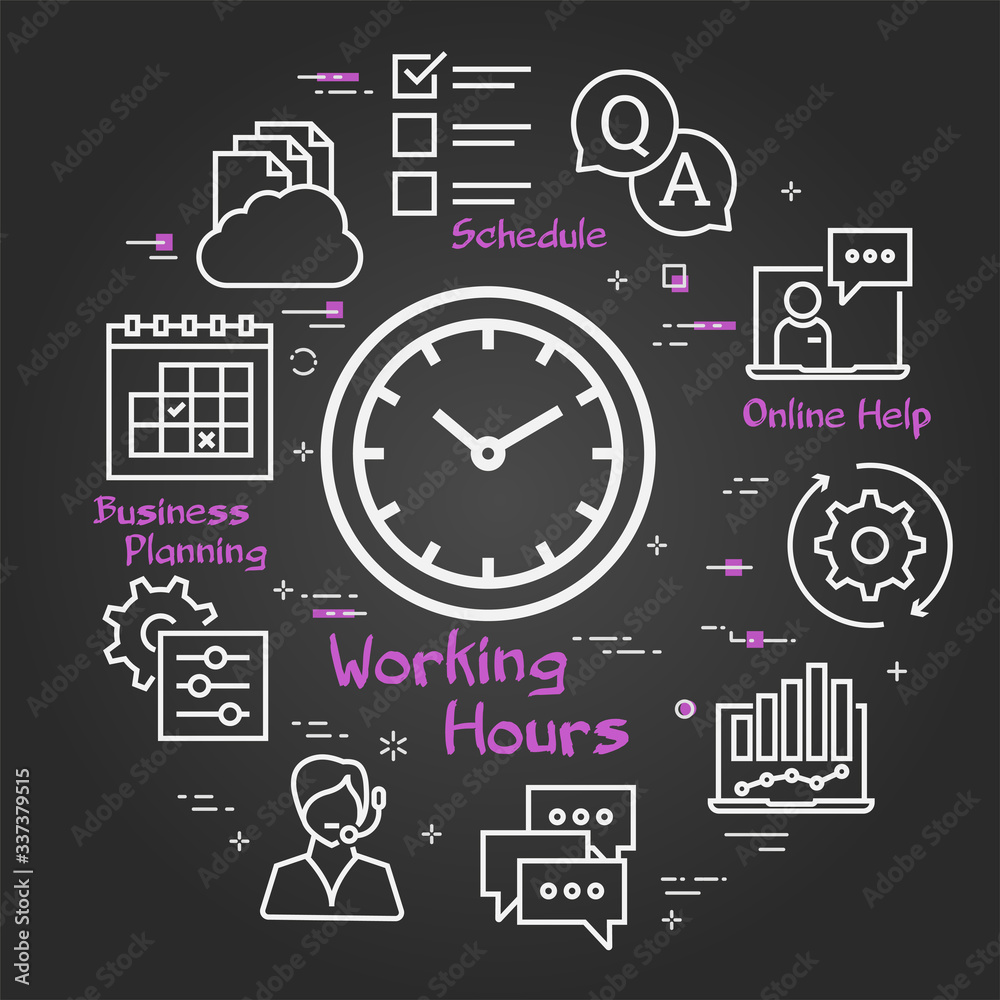 Vector black concept of online support - working hours icon Vector black concept of online support - working hours icon
