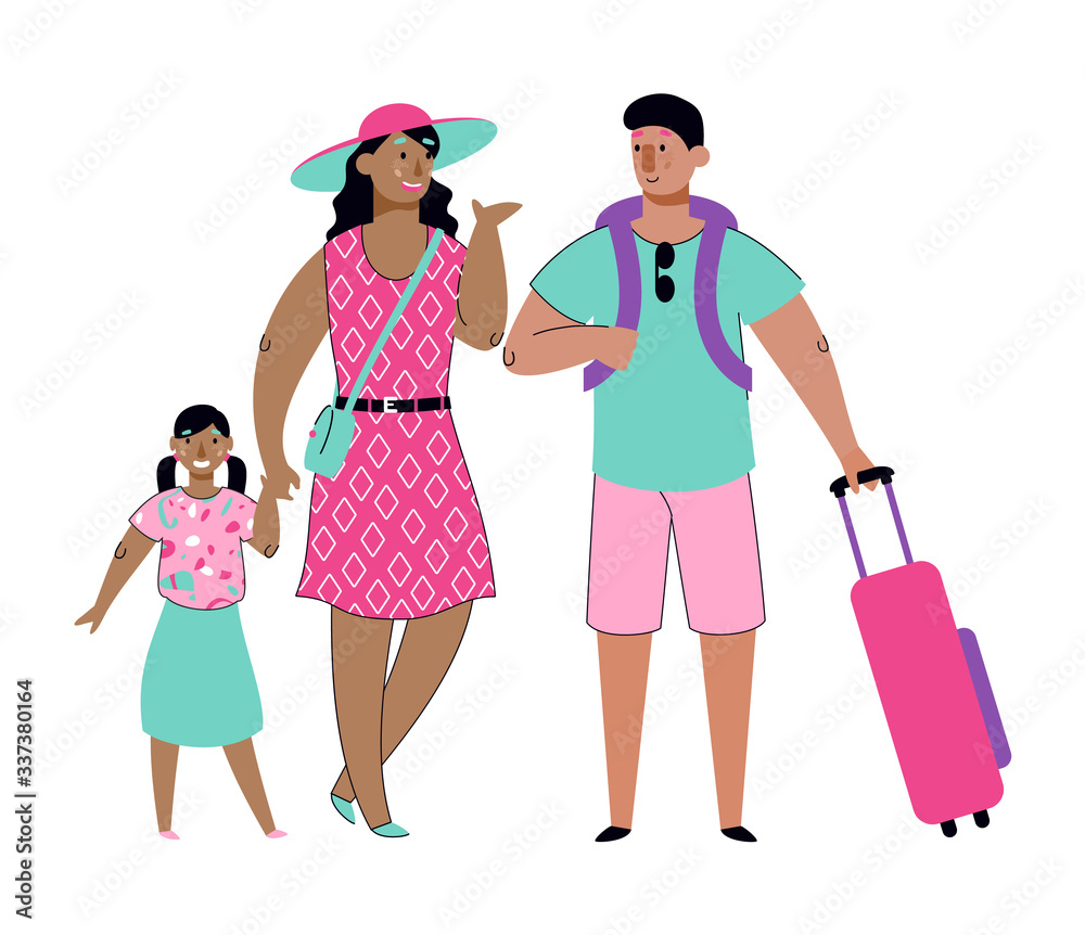 Family travel - cartoon couple with child going on summer vacation trip