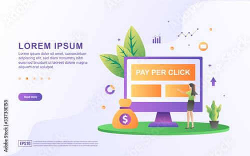 Vector Illustration of Pay per click concept. People are clicking on the ad, the publisher will be paid every time an ad is clicked.
