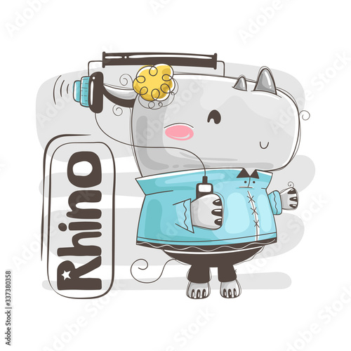 Cute baby rhino is listening music . Illustration for baby shower card and kid t-shirt,
