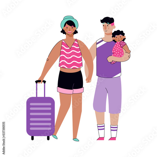 Summer family trip - tourist couple with child going on travel vacation.