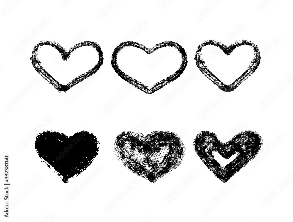 Vector illustration, hand drawn isolated hearts set. Grunge brush and pencil (chalk or charcoal) texture. Black silhouettes, tracing on white background.