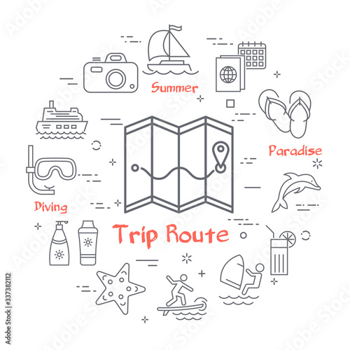 Vector trip and summertime vacation icons on white