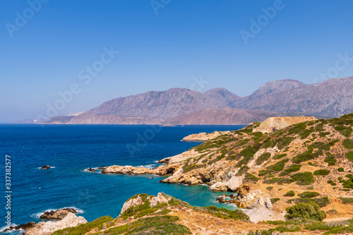 Panoramic view of a sea and islands from the top of the mountain, on the island of Crete, Greece. © sunfreez