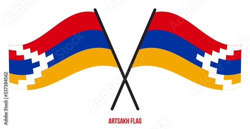 Two Crossed Waving Artsakh Flag On Isolated White Background. Artsakh Flag Vector Illustration.