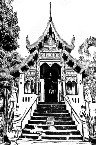 The ancient Thai architectural style  northern region of Thailand illustration creates a black and white style of drawing.