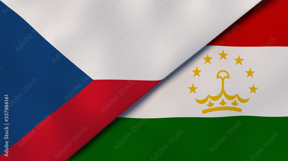 The flags of Czech Republic and Tajikistan. News, reportage, business background. 3d illustration