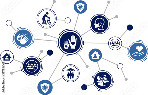 solidarity and support during corona outbreak vector illustration. Concept with connected icons related to covid lockdown help, social support, charity and assistance.