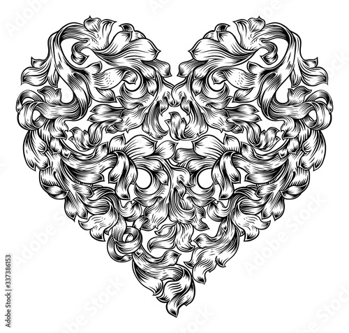 A love heart shape pattern floral vintage style woodcut etching engraving design. A Valentines or Mothers day drawing concept