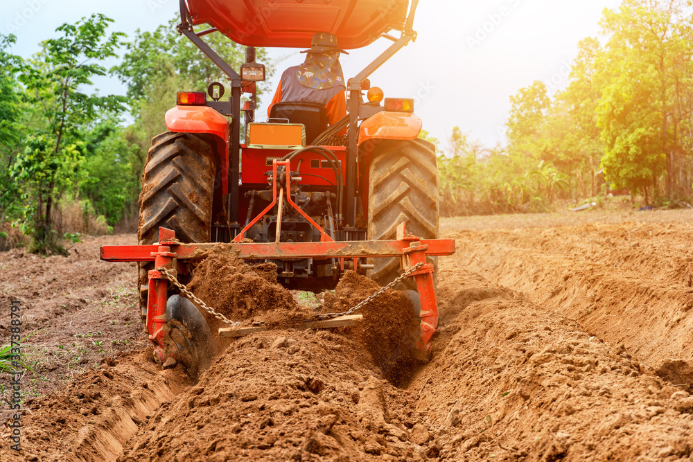 Obraz premium Tractors plow furrow for planting agriculture.