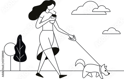 The girl walking with the pet dog. One color graphic vector illustration.