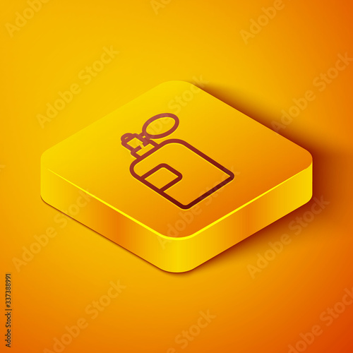Isometric line Perfume icon isolated on orange background. Yellow square button. Vector Illustration