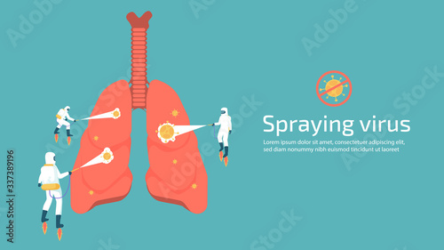 people in protective suite white are spraying to Kill virus that lung. Illustration about protection covid-19.