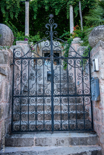 old wooden door with wrought iron gate