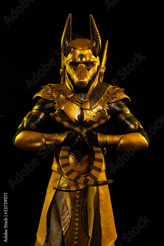 a male actor in a suit of an Egyptian mythology character, the golden deity Jackal Anubis, twists buugeng in yellow light on a black background photo