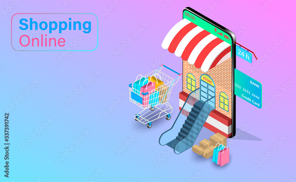 Shopping online on Website or Mobile Application with credit card. Shopping cart with Fast delivery. isometric flat vector design