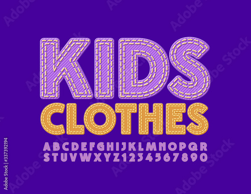 Vector bright logo Kids Clothes. Violet Jeans Font. Stitched Denim Alphabet Letters and Numbers