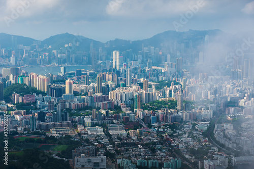 Hong Kong island under fog aerial view of the downtown