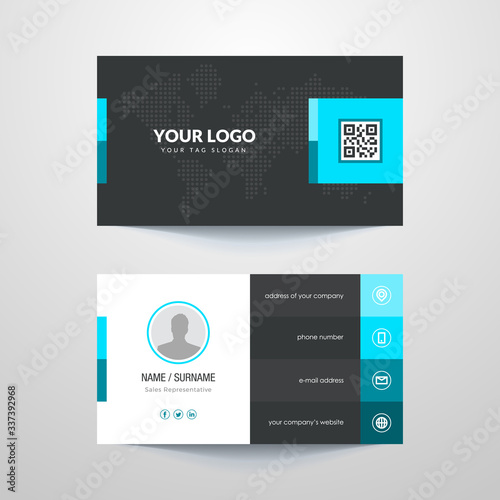 Business card layout with blue elements.
