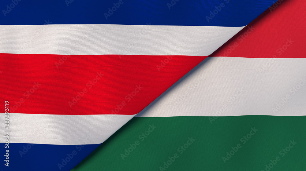 The flags of Costa Rica and Hungary. News, reportage, business background. 3d illustration
