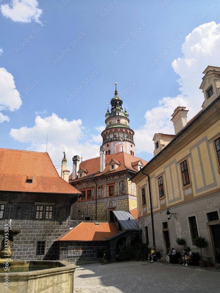 Bottom view of the tower in the castle in Cesky Krumlov Bottom view of the tower in the castle in Cesky Krumlov