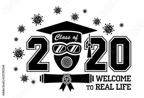 2020 Quarantine graduation party. Graduate in a respirator and goggles. Concept for the design of a greeting card, logo, flyer, t-shirt design. Illustration, vector