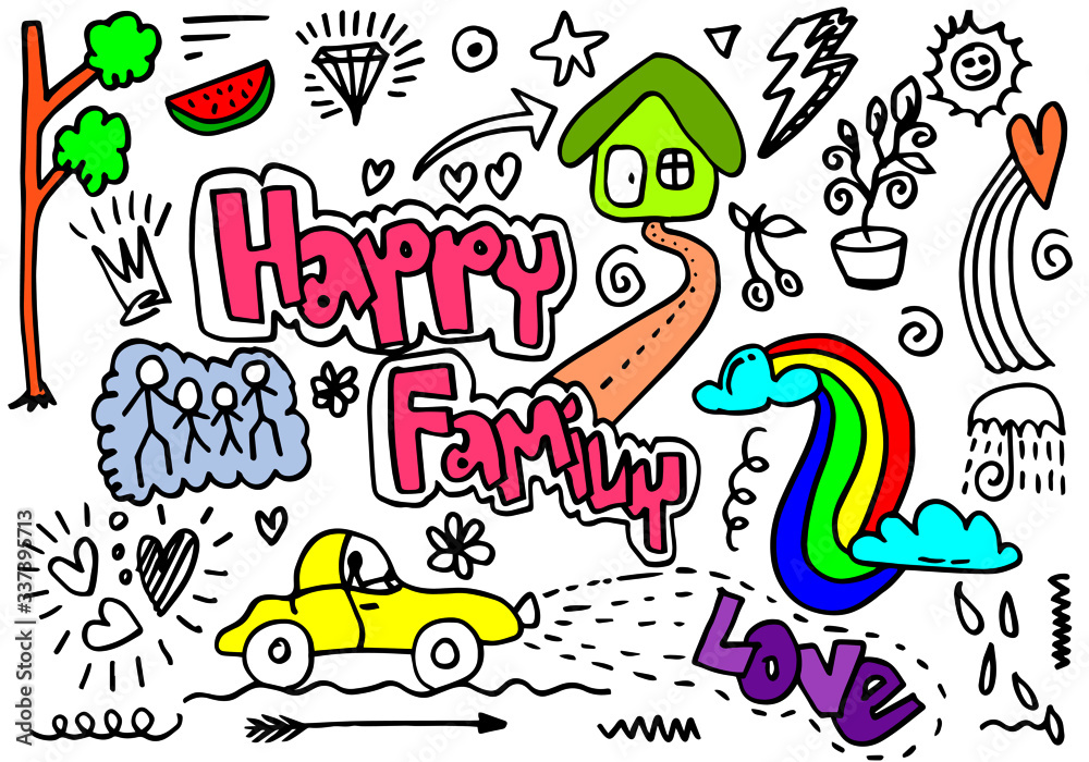 Set of cute and colorful doodle hand drawing on white background