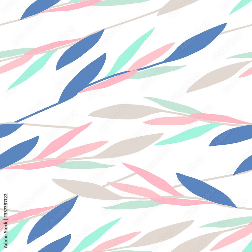 Seamless floral vector pattern. Hand-drawn colored pastel branches with leaves isolated on white background. Gentle plants ornament. Spring illustration for wallpaper, textile, prints, wrapping paper