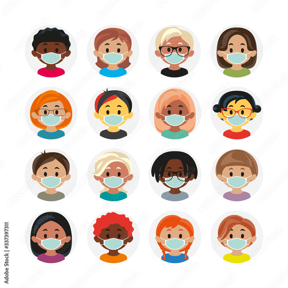 Multinational People with Masks Profiles Avatar Users Icon Set