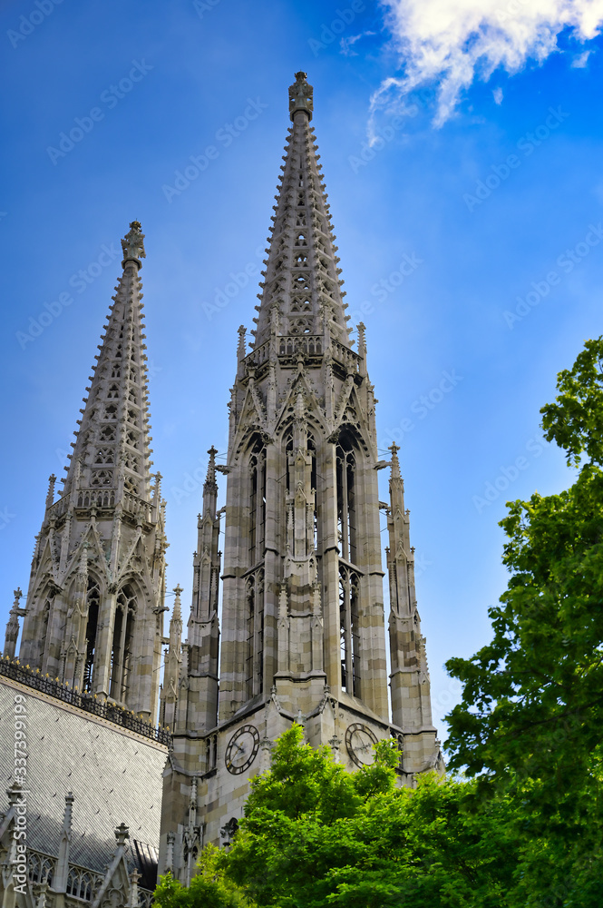 The Votivkirche, or Votive Church, from the streets of Vienna, Austria.