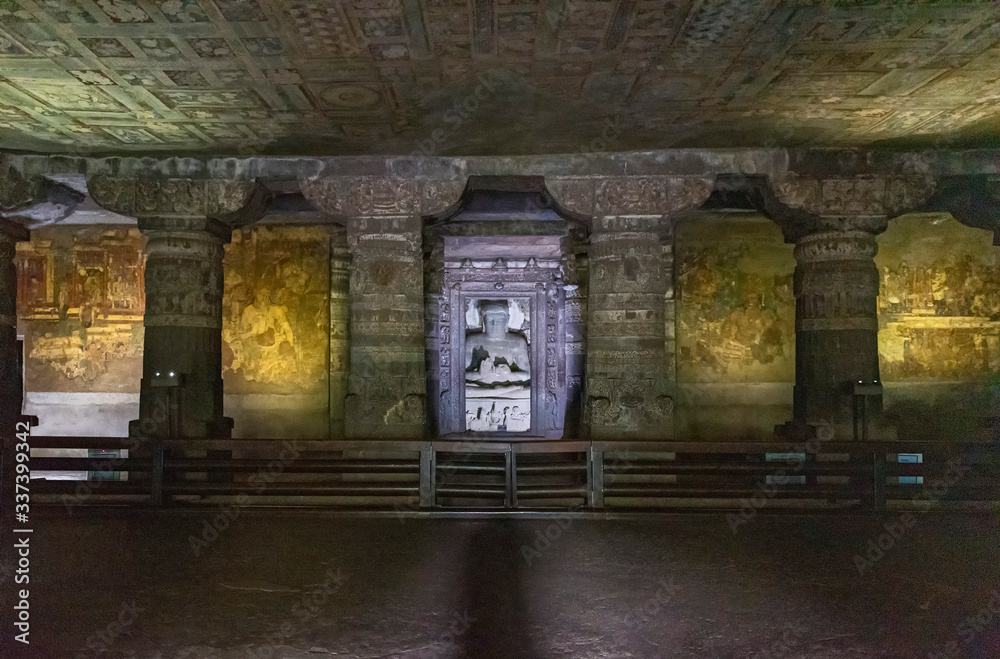 An inside view of one of the caves in Ajanta decorated with Buddhist art, near Aurangabad in the state of Maharashtra, India