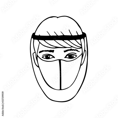 A man in a protective visor and a mask drawn by hand. Vector man illustration for web, booklets, flyers.