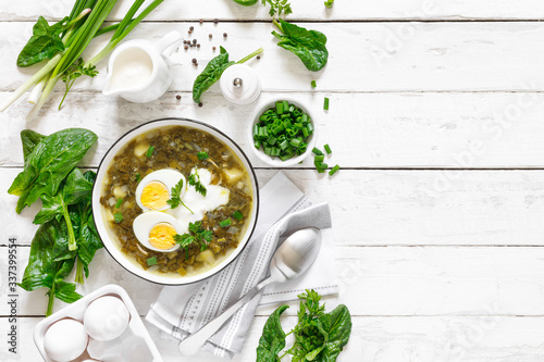 Green sorrel and spinach soup with boiled egg and sour cream on white wooden rustic table, top view photo