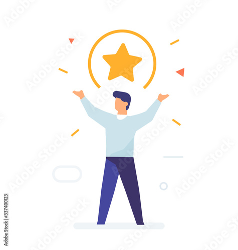 Guy raises his hands a star above his head. Flat illustration Icons infographics. Landing page site print poster.