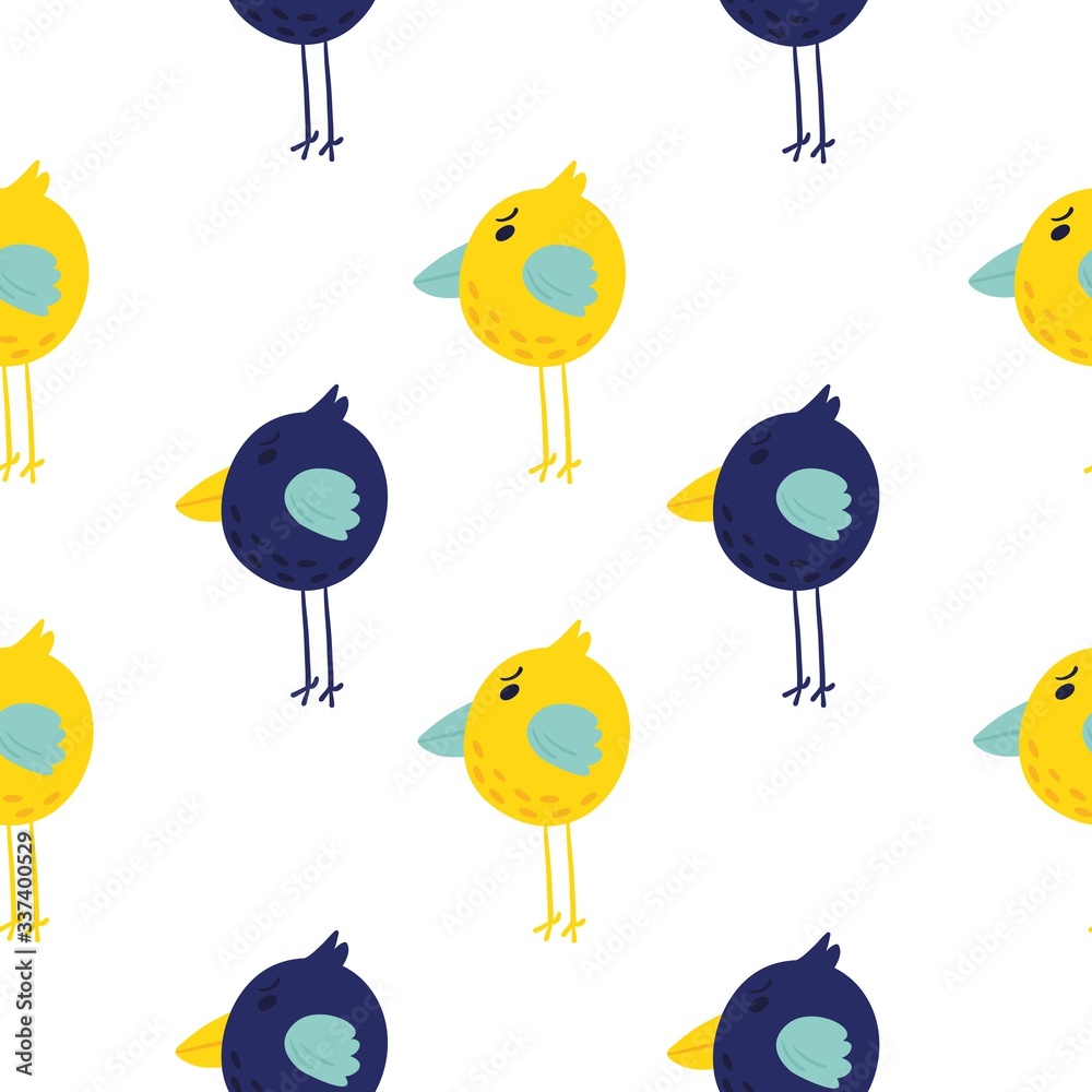 Seamless pattern of colorful birds. Blue and yellow cartoon birds ...